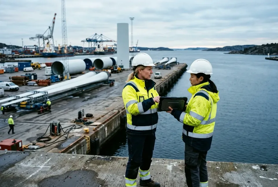 Kaksi projektipäällikköä satamassa tuulivoimaloiden lapojen ja tornien äärellä