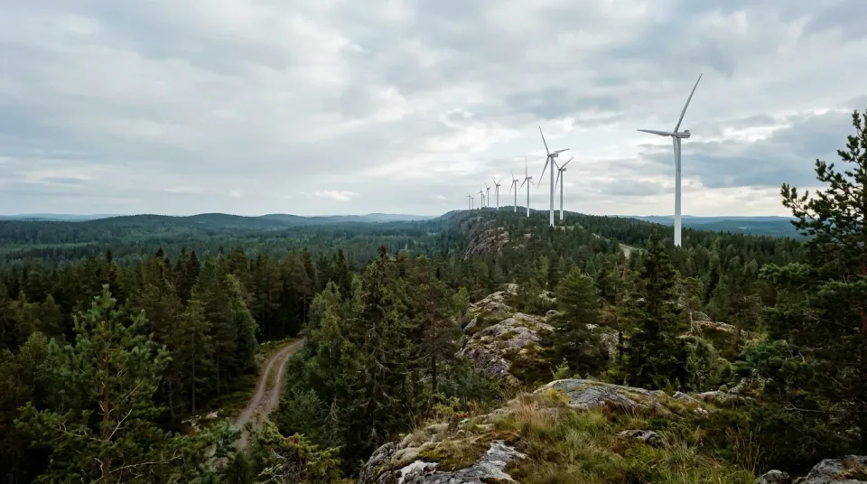 Tuulivoimaloita metsäisellä harjulla