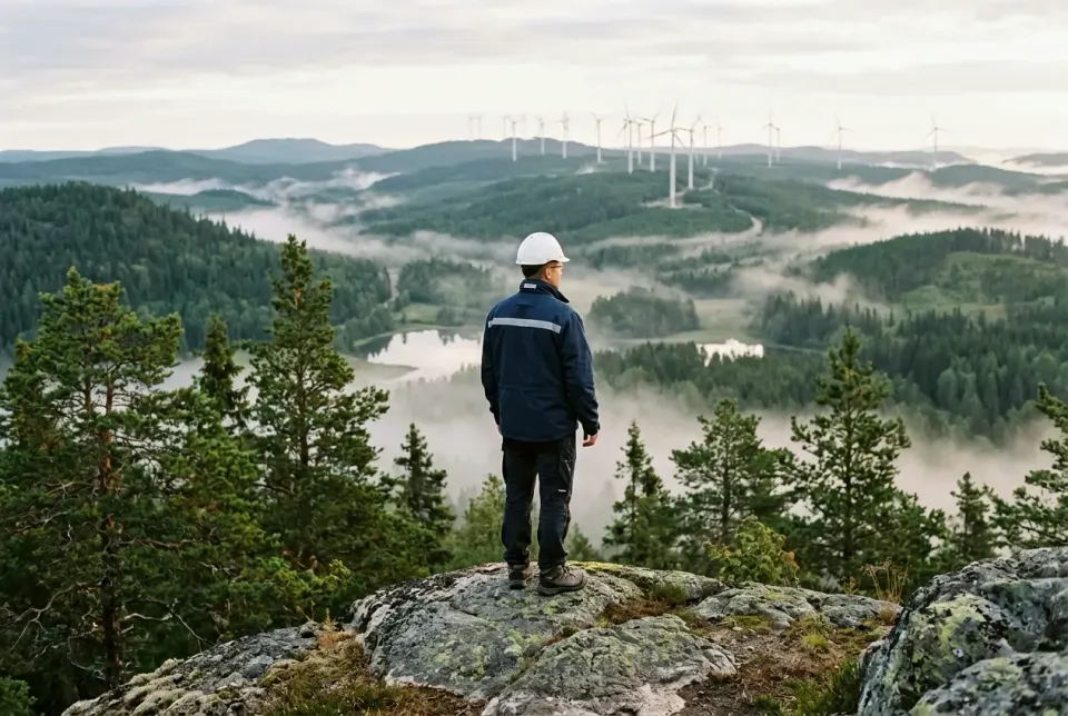 Projekti-insinööri kypärässä katsoo kalliolta tuulipuistoa sumuisen metsälaakson takana