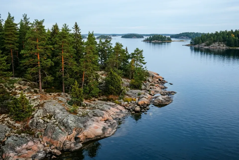 Saaristomaisema, mäntyjä kalliorannalla